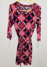 Banana Republic Belted Dress Size Med Stretch Geometric Red Pink Navy 3/4 Sleeve