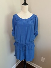 BCBG Maxazria Blue 100% Silk Dress Shift Tunic Tiered Hem Button Up Size Small