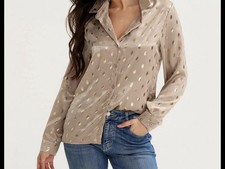 Mazik Mauve Gold Polka Dot Satin Button-Up Collared Long Sleeve Blouse M