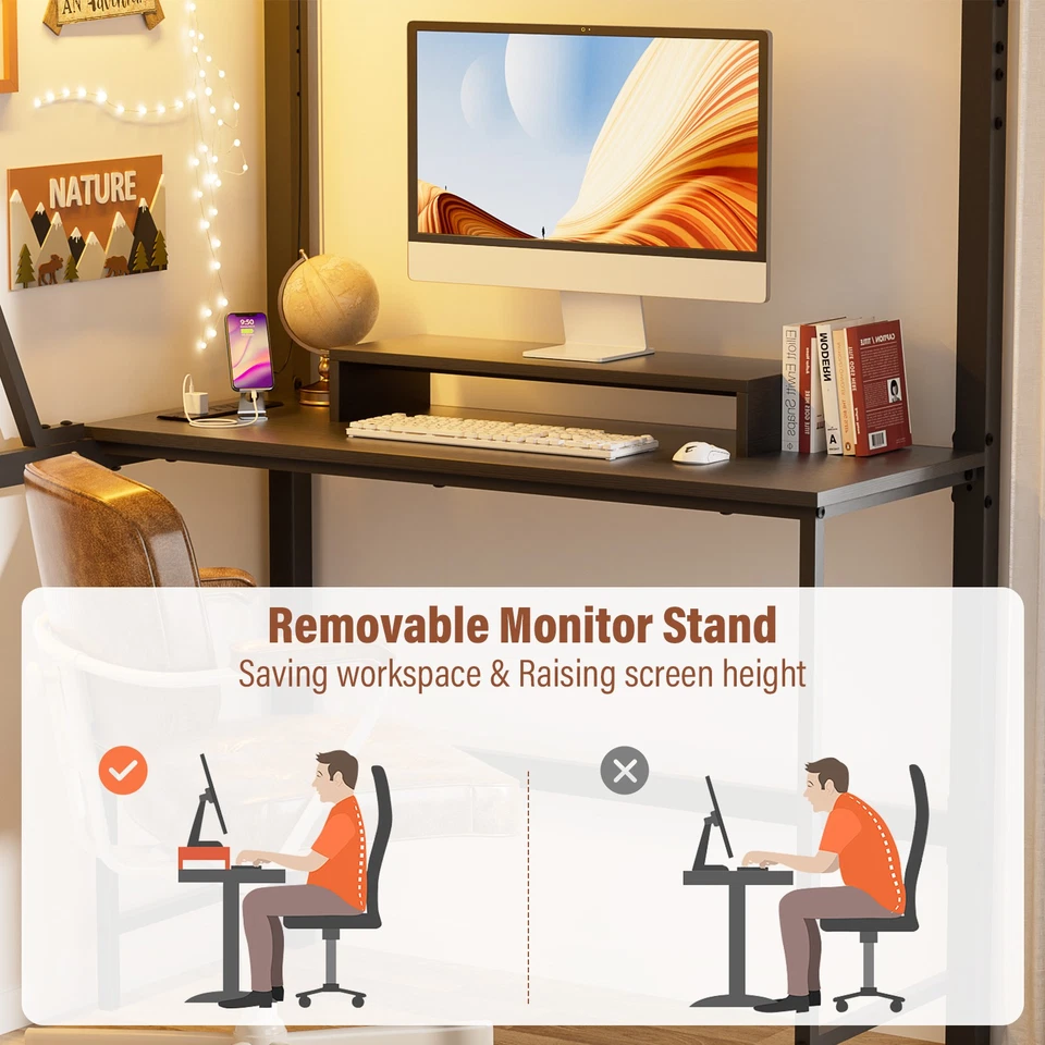 Cama tipo loft de tamaño doble con toma de corriente de escritorio y marco de cama de alta resistencia ligero LED negro Foto 3 de 4