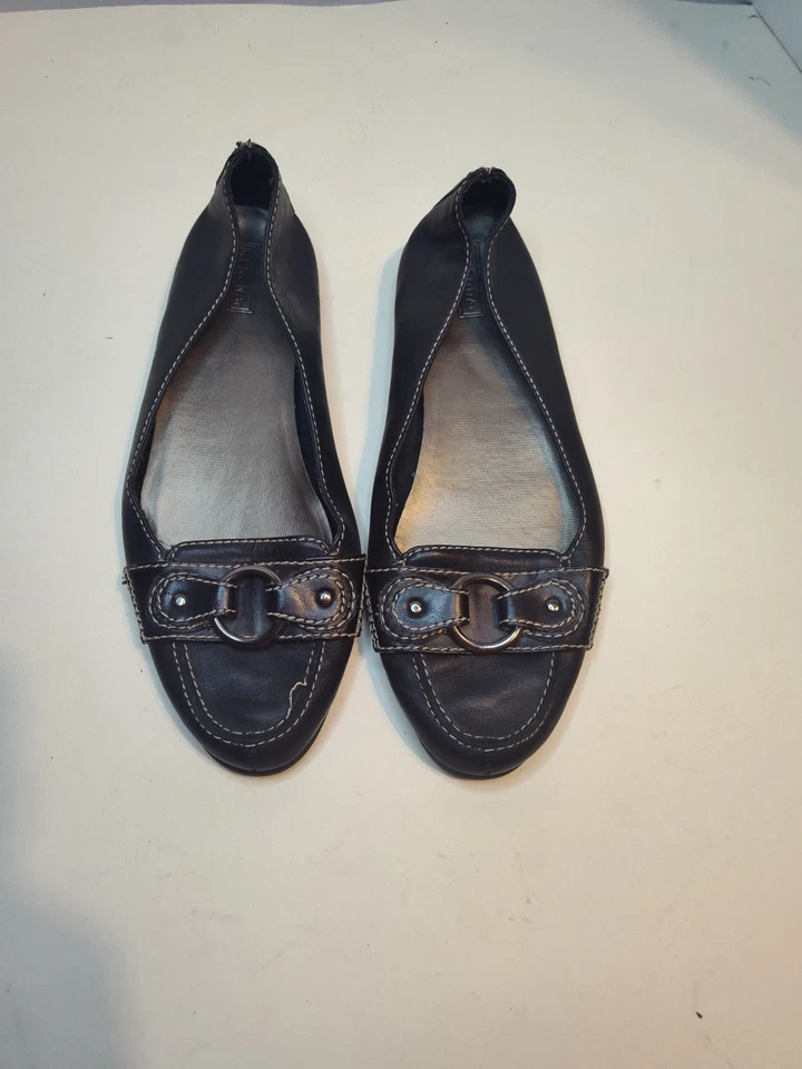 Merona Shoes Womens 8.5 Slip On Loafers Black Leather Casual Buckle Moc Toe Low - Image 2 of 4