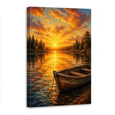 Sunset Lake Boat Wall Art Canvas Poster Orange Landscape Painting Decor