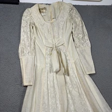 VTG 70s 80s Gunne Sax Jessica McClintock Sz 9 Prairie Dress Tie Bow Beige Lace
