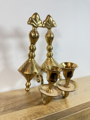 Vintage Solid Brass Wall Candle Sconces Pair Made in India Ornate 2 Arm