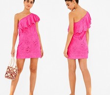 Farm Rio Neon Pink Eyelet One Shoulder Mini Dress, Large 