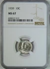 1939 Mercury Silver Dime NGC Graded MS67 GEM Uncirculated