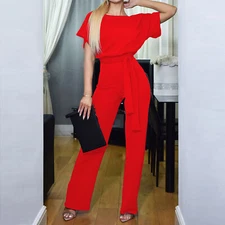 Women Casual Loose Short Sleeve Belted Wide Leg Pant Romper Jumpsuits S-XL