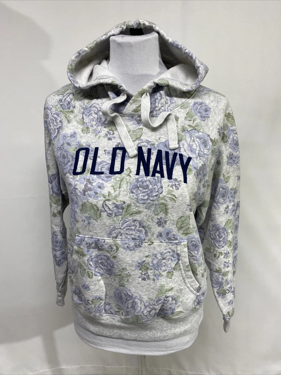 Old Navy Hoodie Women s Small Gray Blue Green Floral Hooded Fleece Sweatshirt