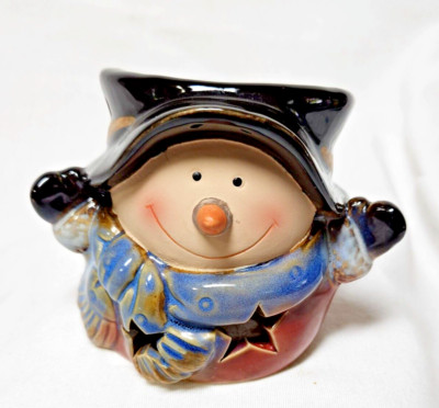 Ceramic Snowman Votive Candle Holder Star Cutouts 4'' x 5'' Scarf Hat Mittens