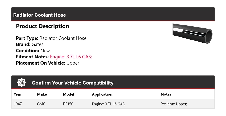 Верхние ворота шланга охлаждающей жидкости газового радиатора 1947 GMC EC150 3,7 л L6 - Изображение 2 из 4