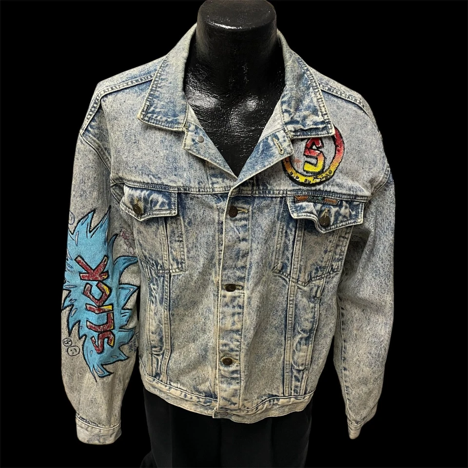 De Colección Años 80 90 Slick ACID WASH Azul Jean PUNK Rock SKATER STREETWEAR Chaqueta Denim Foto 2 de 4