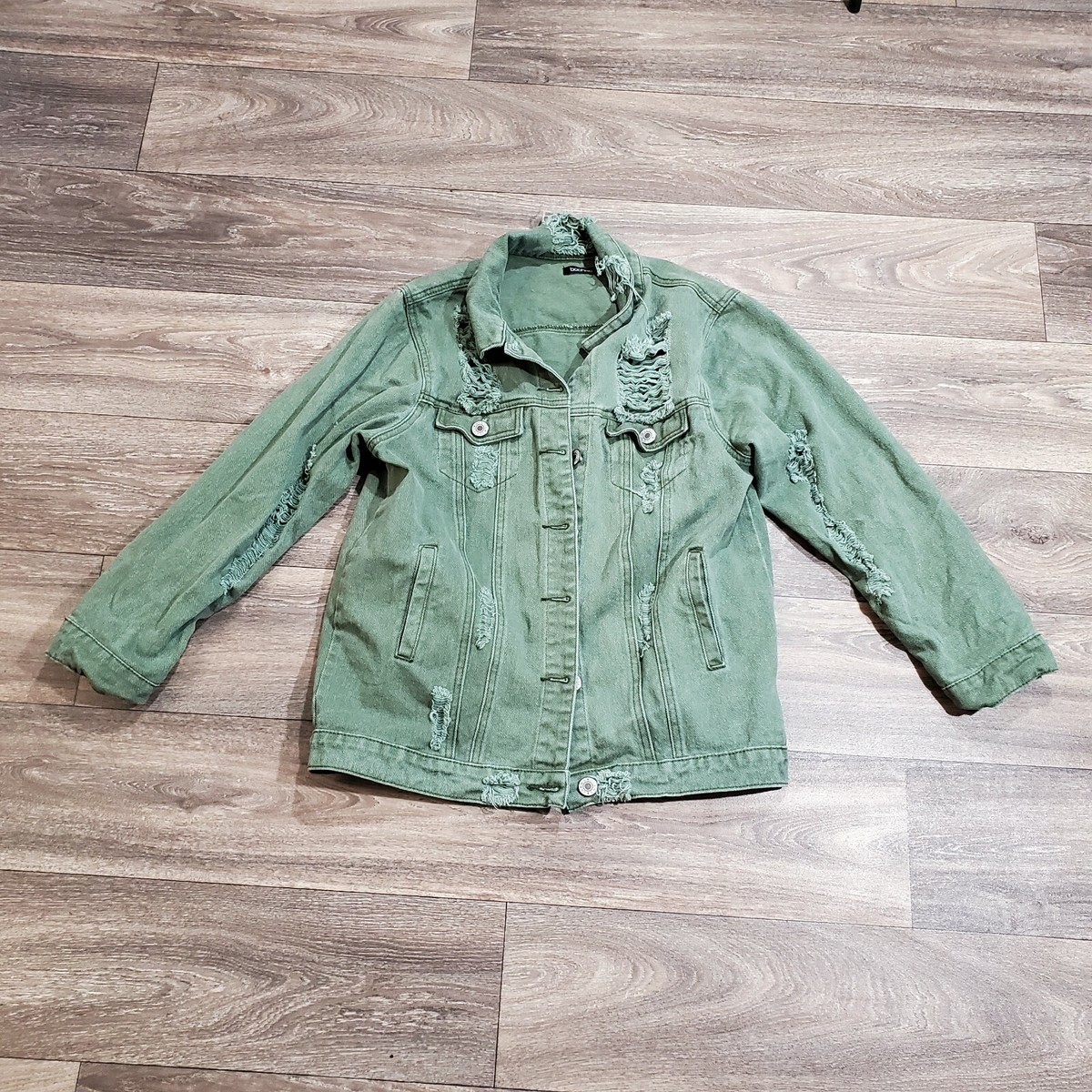 Boohoo Olive Green Denim Button Up Steam Punk 90's Jean Jacket