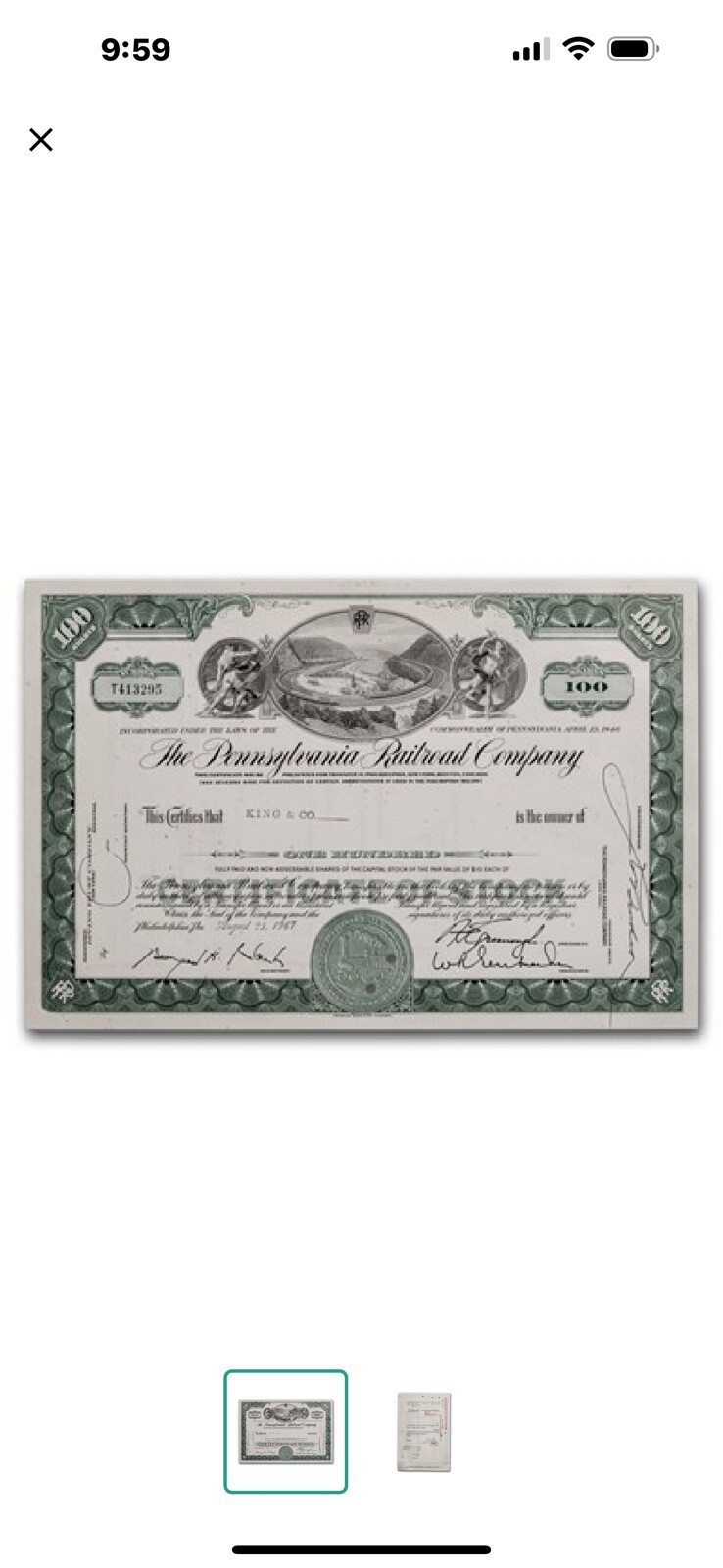 1959 THE PENNSYLVANIA RAILROAD COMPANY vintage stock certificate for 100 SHARES