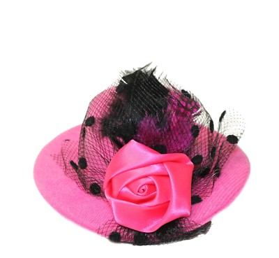 Mini 4'' Sun Hat Hair Clip, Pin Accessory - Rose Feather & Veil Girls Headwear