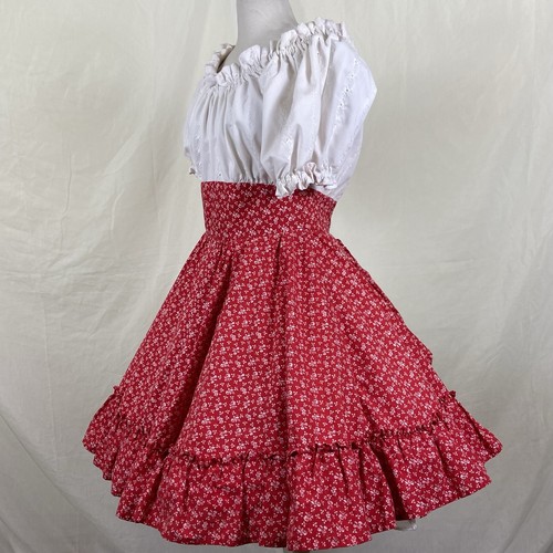 Vestido de Baile Cuadrado Rojo Floral Blanco Ojales Vintage Volantes Bustilla - Imagen 11 de 11