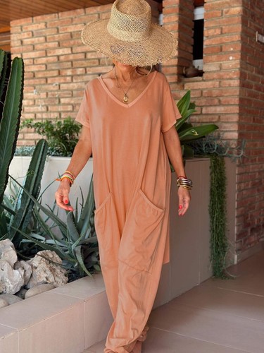 Womens V-Neck Loose Fit Jumpsuit Casual Summer Romper with Pockets - Picture 7 of 14