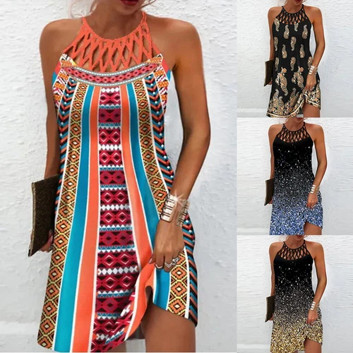 Women Dress Boho Hollow Halter Sleeveless Beach Dresses Holiday Plus Size - Bild 2 von 33