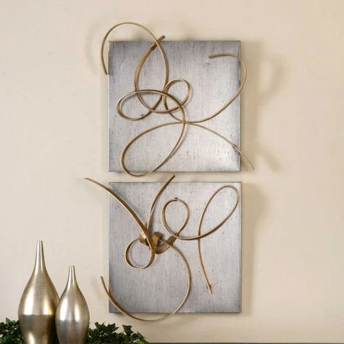 UTTERMOST 7071 HARMONY ABSTRACT HAND FORGED GOLD LEAF METAL WALL DECOR SET 2 - Picture 1 of 5