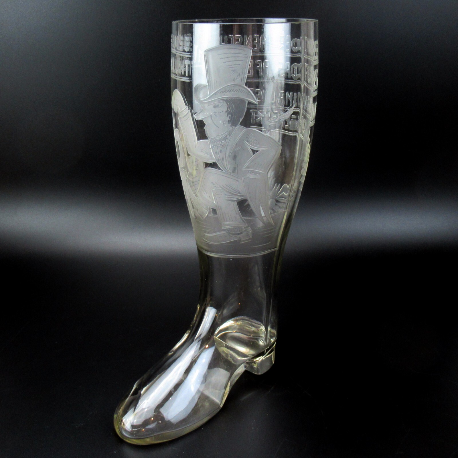 SUPER 1 Liter Glas Bierstiefel Dekorschliff + Spruch Mid-Century Glass Beer Boot