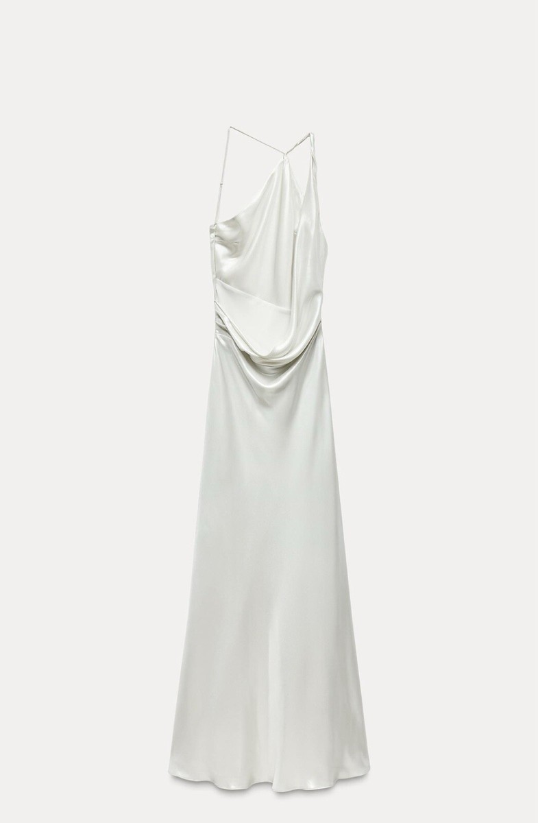 zara long asymmetric foil dress ZARA METALLIC FLORAL FOIL PRINT LONG SLIP DRESS Gold Silver flower tie NWT