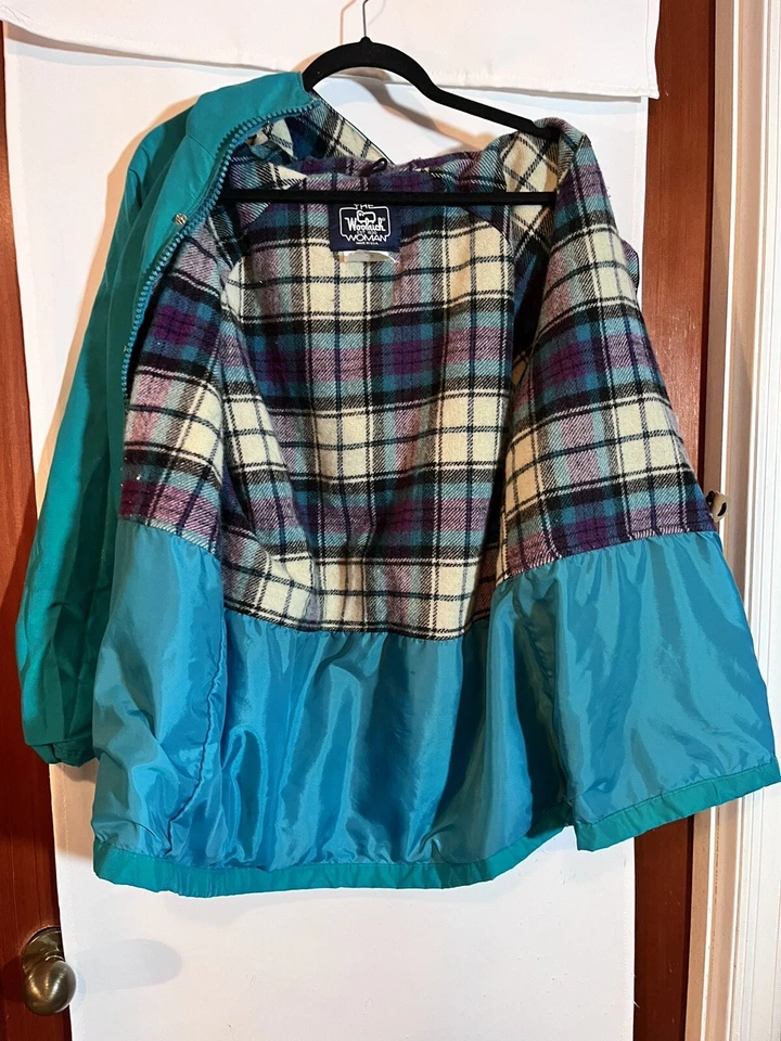 复古美国羊毛蓝绿色法兰绒羊毛衬里派克大衣雨衣连帽夹克女式 XL — 第 3/4 张图片