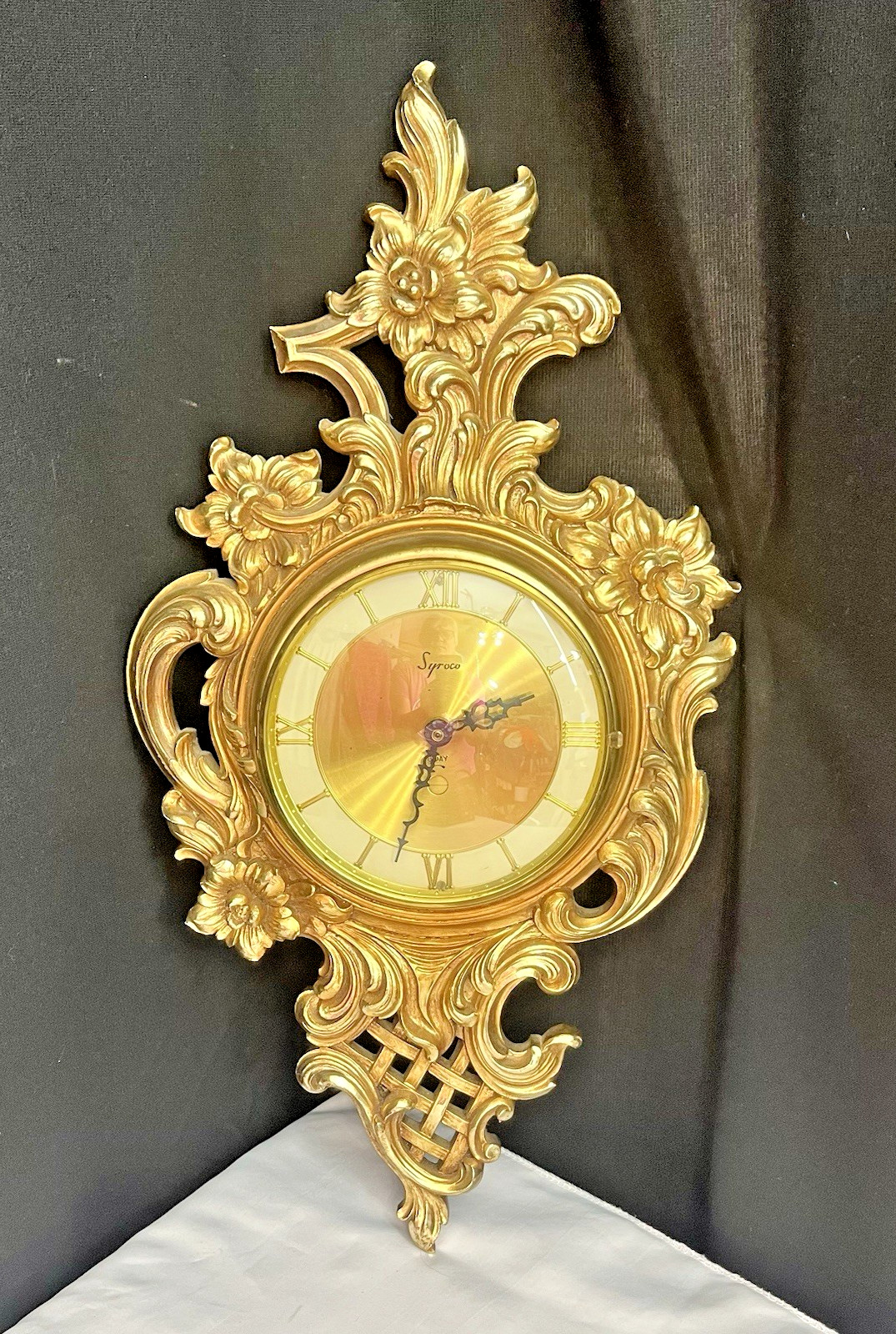 Vintage Syroco Mid Century Wall Clock 22x13 Gold Ornate Floral Scroll Works