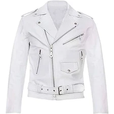 Mens Biker Motorcycle Vintage Distressed White Winter Leather Jacket