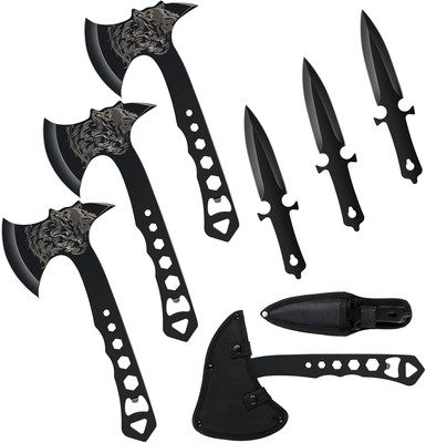 Throwing Stars, Axes and Tomahawks 3 Pack Set with Bottle Black 