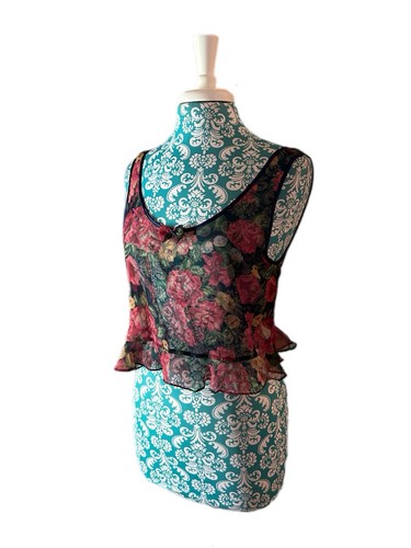 Vintage Crop Top Lingerie Camisole Chiffon Bow Ruffle Floral Sheer Fairycore