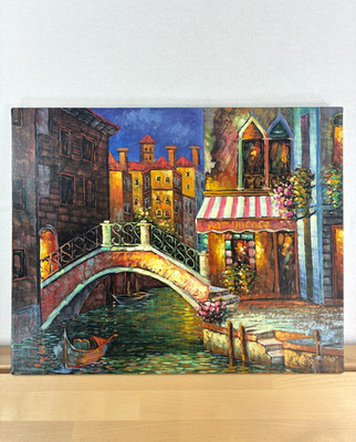 W James signed Canvas Oil Painting Venice 20x16 Restaurant Venice Bridge Art