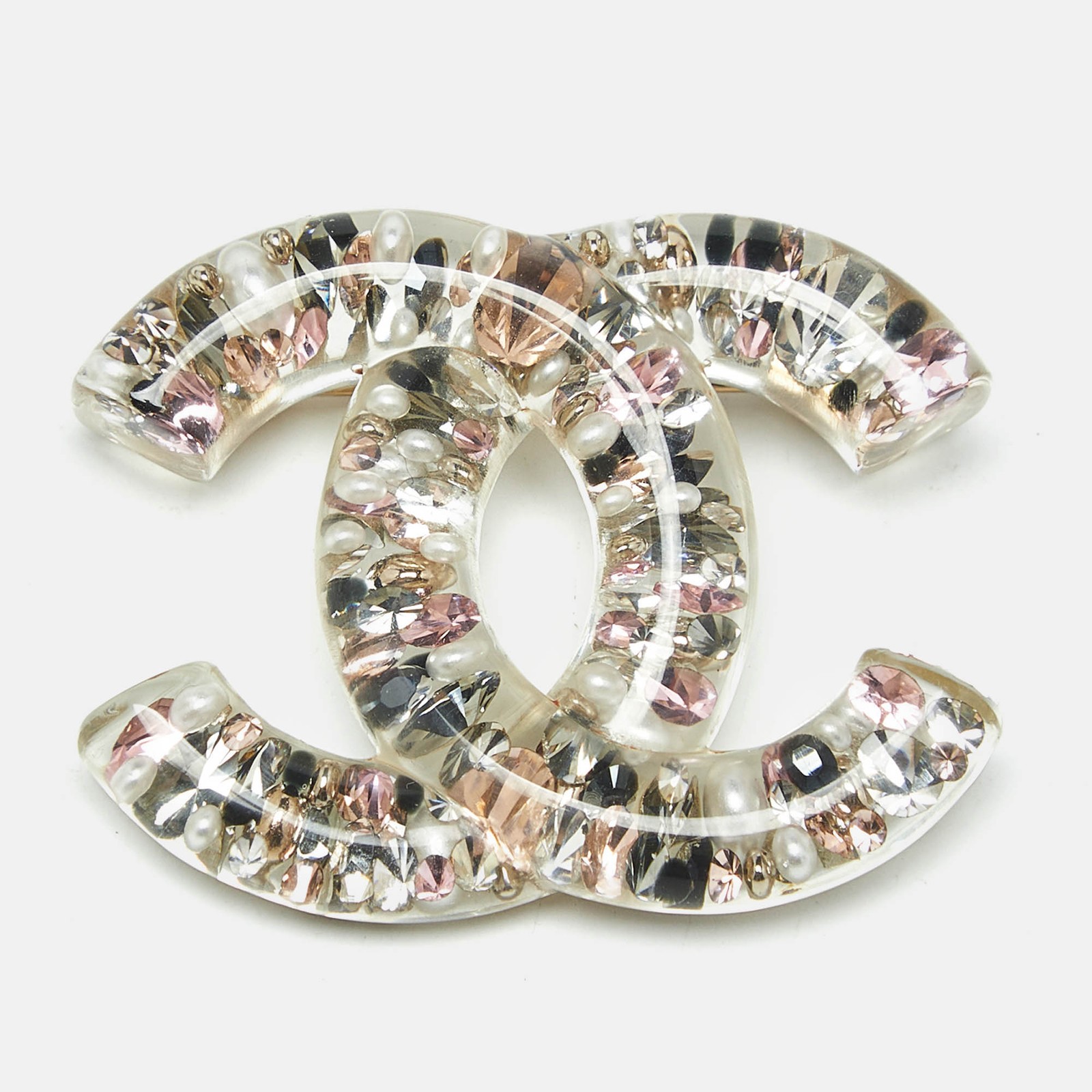 Chanel CC Gold Tone Brooch with Faux Pearls and Crystal Accents