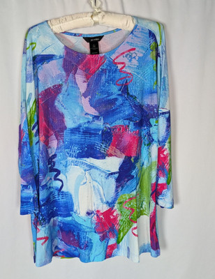ali miles Tunic L Women's Abstract Multi Print 3/4 Sleeve Clear Rhinestones Art