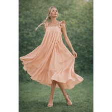 Mable Peach Ruffle Strap Midi Dress Flowy Boho Cottagecore