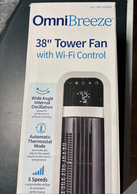 OmniBreeze 38in Tower Fan Wi-Fi Remote Oscillation Thermostat w/Remote Used-Exc.