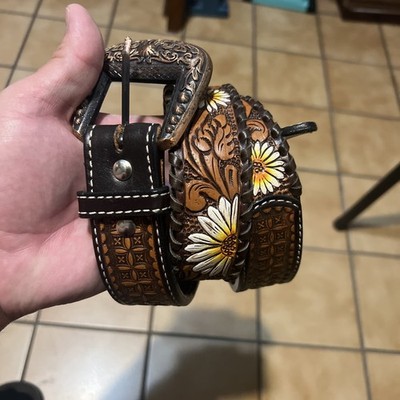 Belt With Tooling Brown Whipstitch Hand Painted Daisy Copper Buckle 1.5 