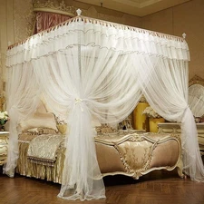 Luxury Bed Canopy with Ruffle Tassels, 4 Corner Netting, Queen, White