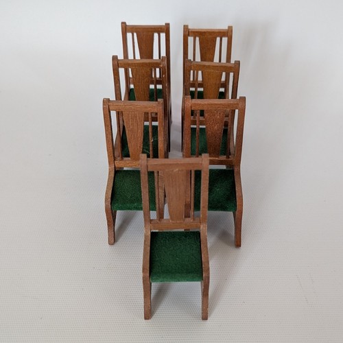 Vintage Lot Of 7 Mission Style Green Back Dollhouse Dining Chairs And Table  - Picture 6 of 8