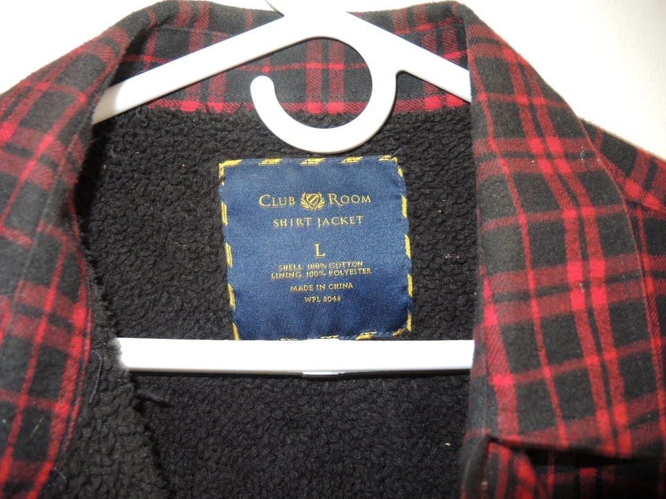 Club Room Shirt Jacket Men’s L red Plaid Fleece Lined  2 Pockets Cotton - Image 2 of 4