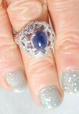 3.59ct Oval Cabochon Blue Sapphire Sterling Silver Filigree Ring Free Sizing