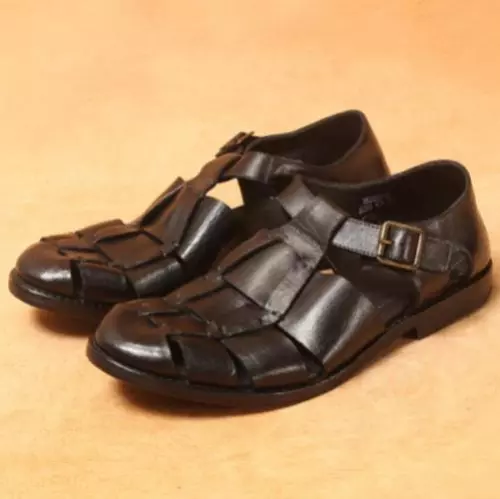 Men's Real Leather Casual Roma Sandals Buckle Sandals Vintage Hollow Out Weave- - Picture 3 of 8