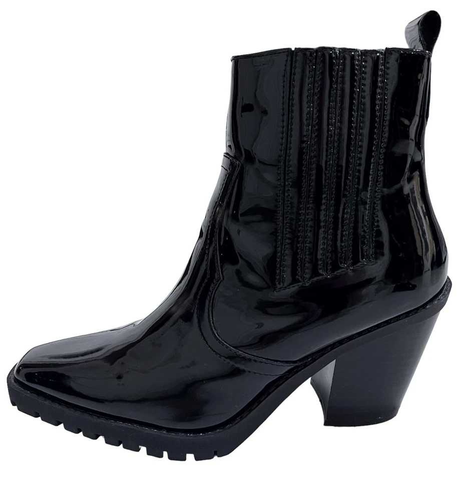 Diba Black Western Ankle Boot Cheyanne Shiny Patent Snip Toe Chunky Heel 7.5 M - Image 2 of 4