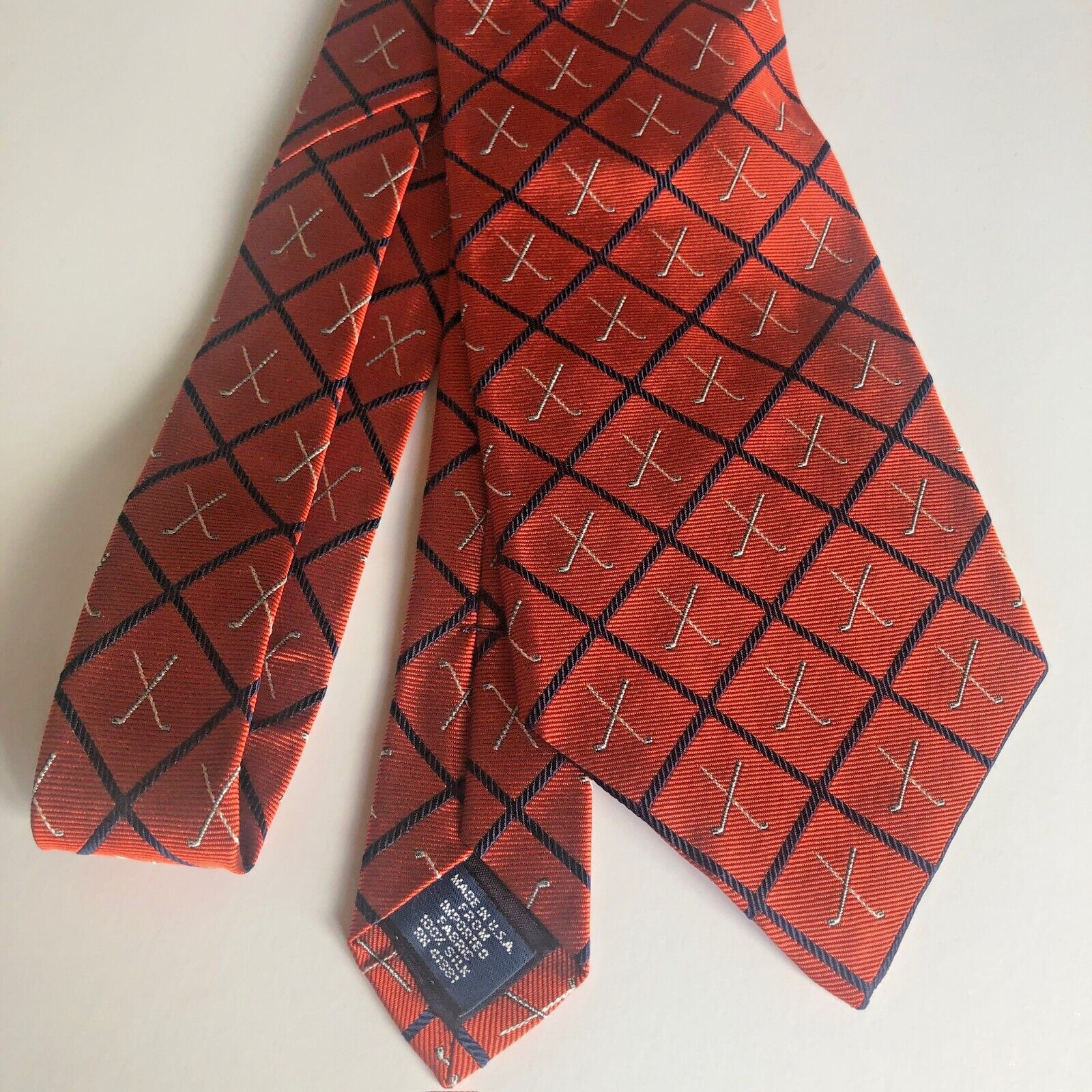 VTG Polo Ralph Lauren Tie Silk Textured Golf Clubs Orange Navy Necktie USA NEW