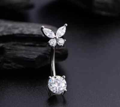 1CT Round Lab-Created Diamond Butterfly Navel Belly Button 14K White Gold Plated