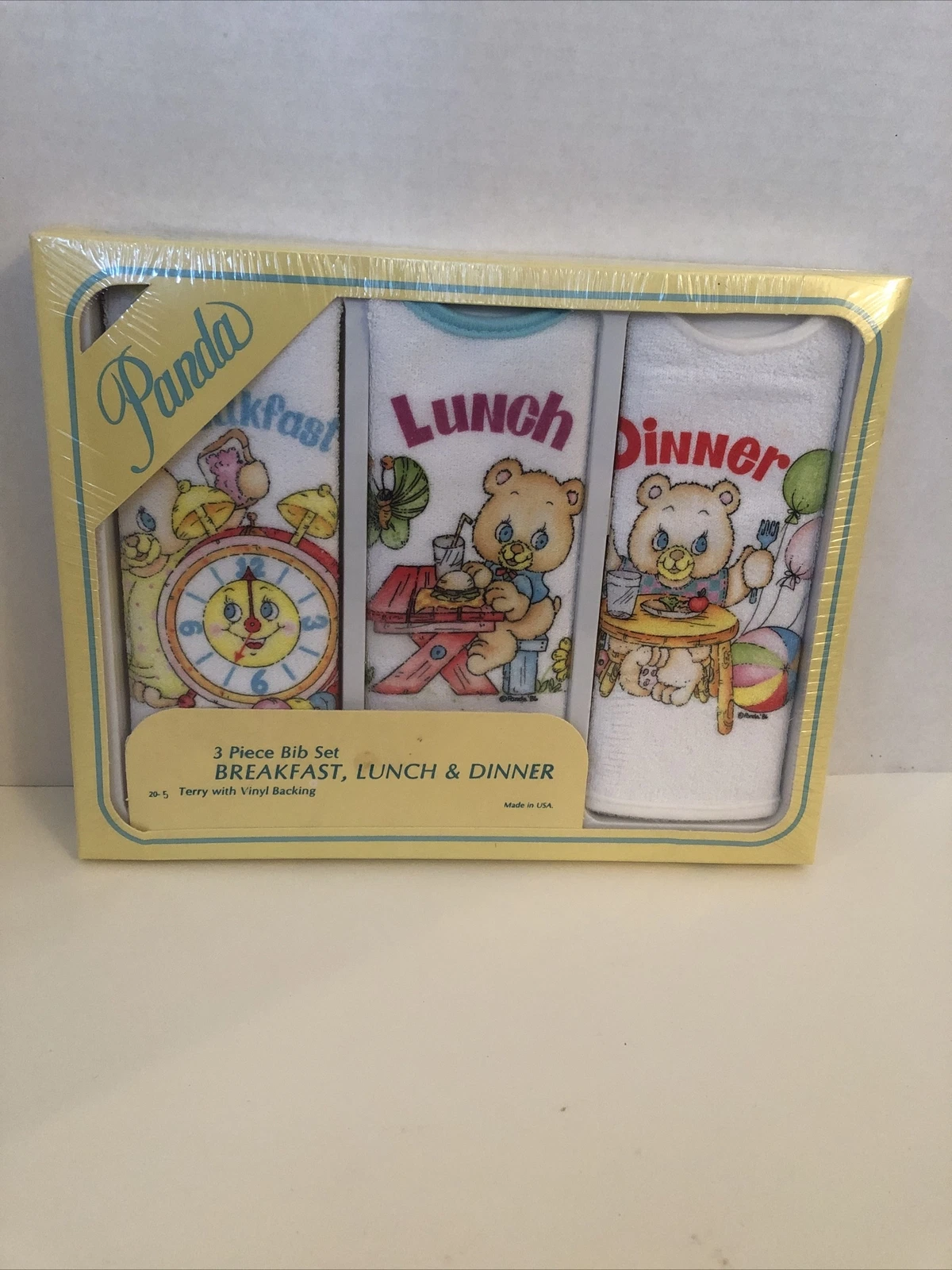 Vintage Panda 3 Piece Bib Set Breakfast Lunch Dinner Bears Factory Sealed Rare!!