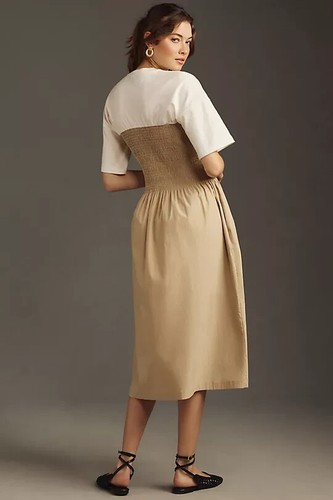 Anthropologie The Lilou Twofer Midi Dress Size Medium M NWT Neutral Beige Tan - Picture 2 of 4