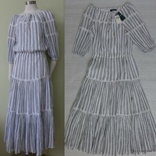 NWT RALPH LAUREN Striped Crinkled Cotton Off-the-shoulder Midi Dress Size 4 $150