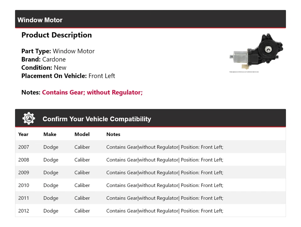 Motor ventana delantero izquierdo cardone 2008 2009 2010 2011 Dodge Caliber 2007-2012 Foto 2 de 4
