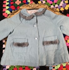 Vintage Doll Jacket Blue Wool Fur Collar For French German Bisque Antique Doll