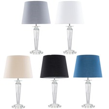Elegant Genuine Crystal Table Lamp Clear Lounge Light Tapered Cotton Shade LED