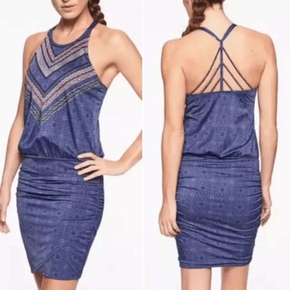 Vestido de Natación ATHLETA Azul Estampado a Rayas Talla Pequeña Tirantes Elástico Playa Cubrir Foto 3 de 4